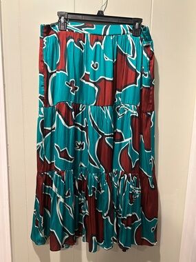 Tiered Floral Print Midi Skirt in Teal and Rust